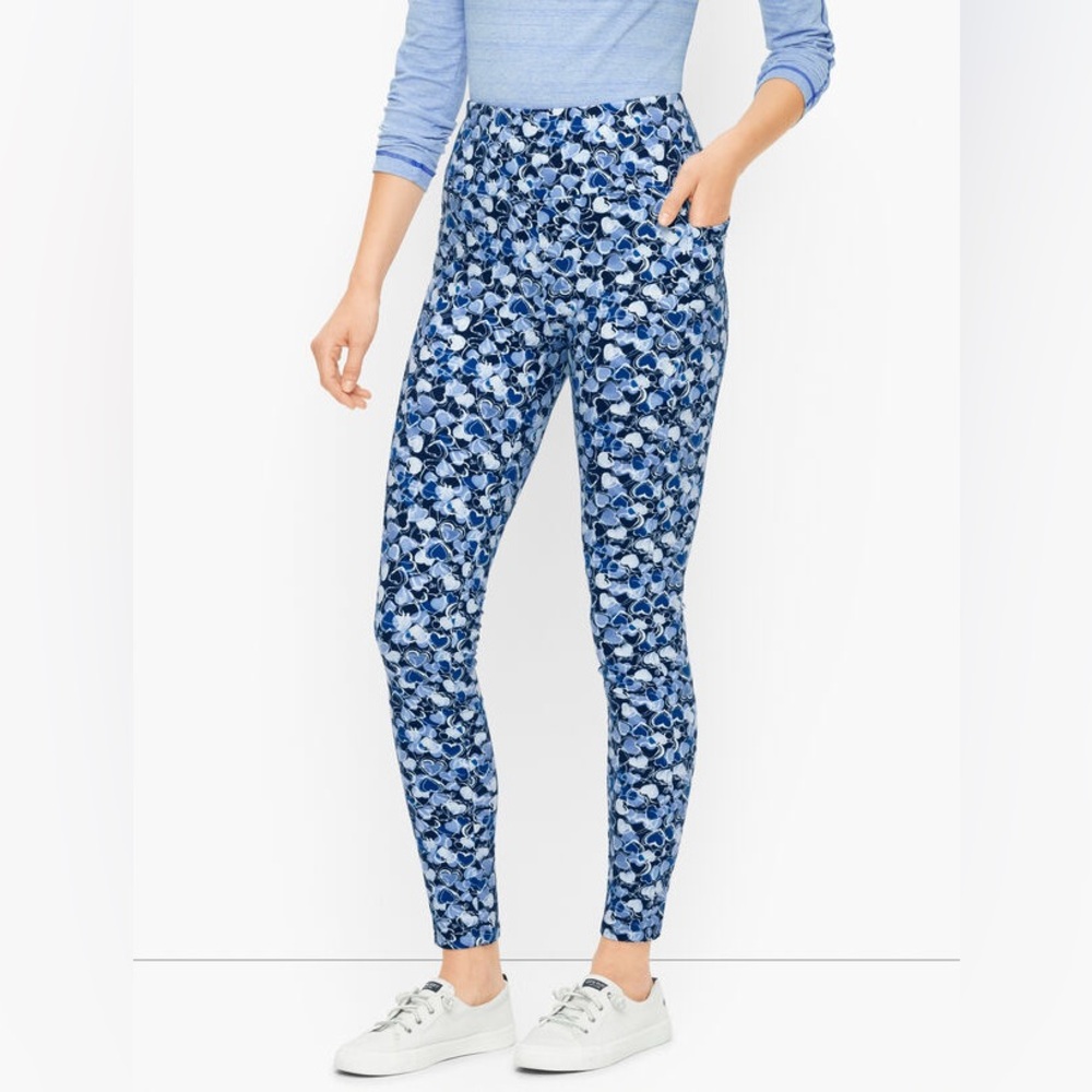 NWT Talbots High Waist Blue Scribble Heart Leggings SZ L Casual Coastal Grandma
